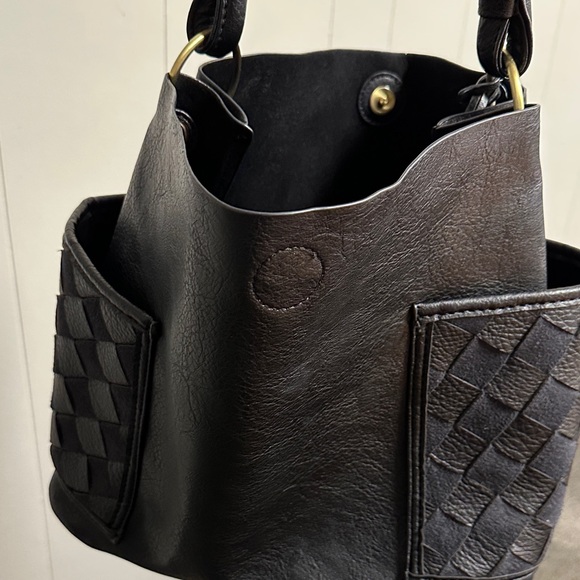 Handbags - Malibu Skye Black faux Leather Bucket Bag with Woven handles Details